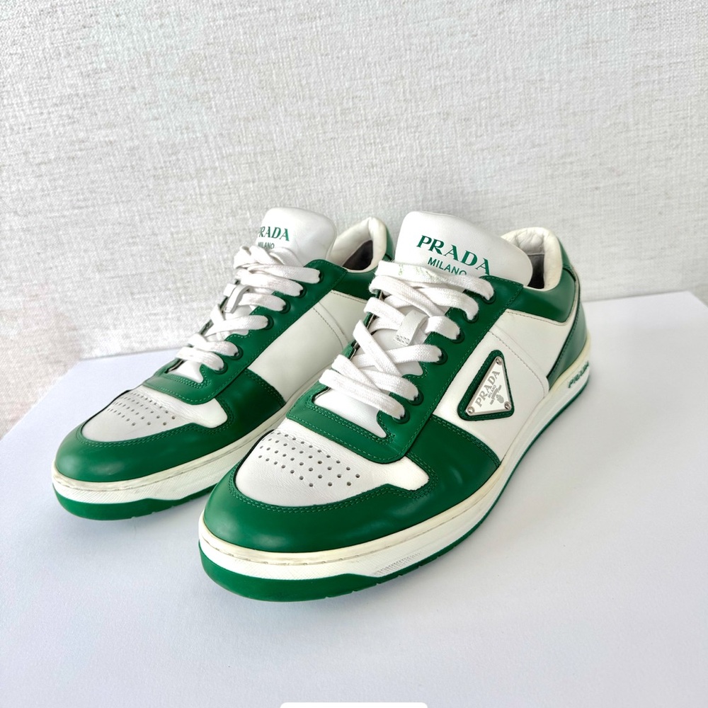 Prada Green and White Leather Low-Top Sneakers